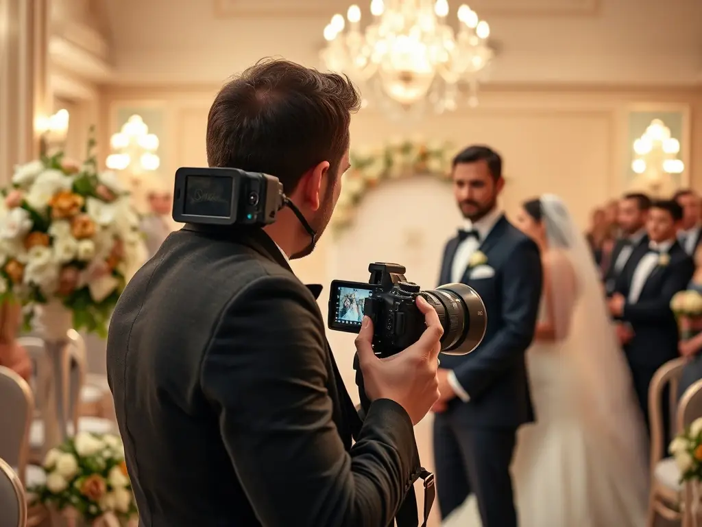 A professional photographer capturing candid moments at a wedding, with high-quality cameras and lighting equipment, ensuring every special moment is preserved.