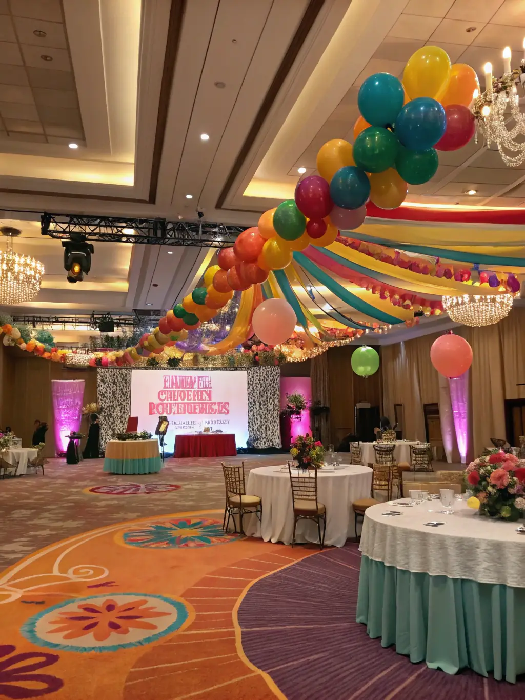 A stunning display of floral arrangements and balloon installations transforming a venue into a magical setting.