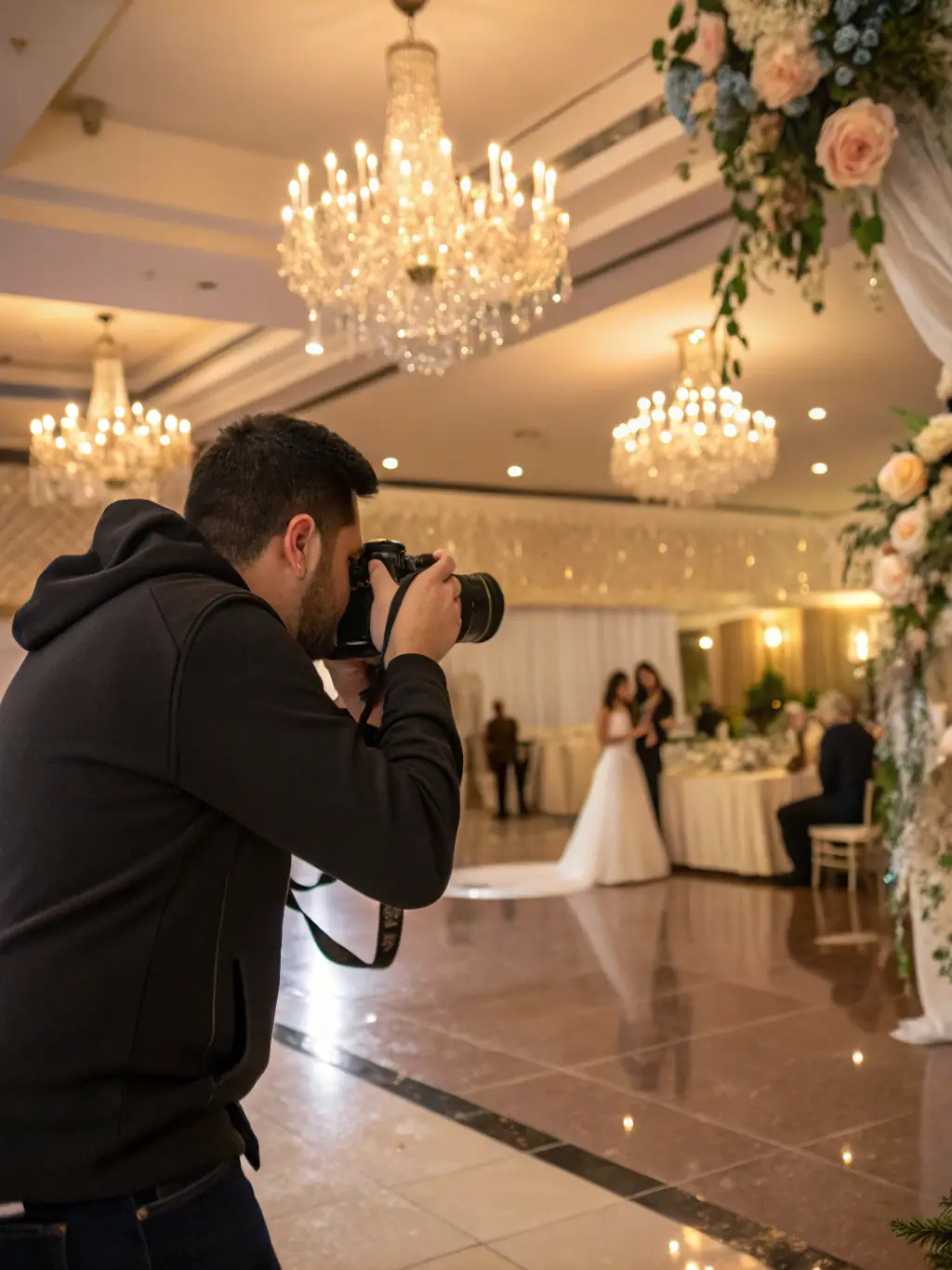 A captivating photo of photographers capturing candid moments at a lively wedding celebration.