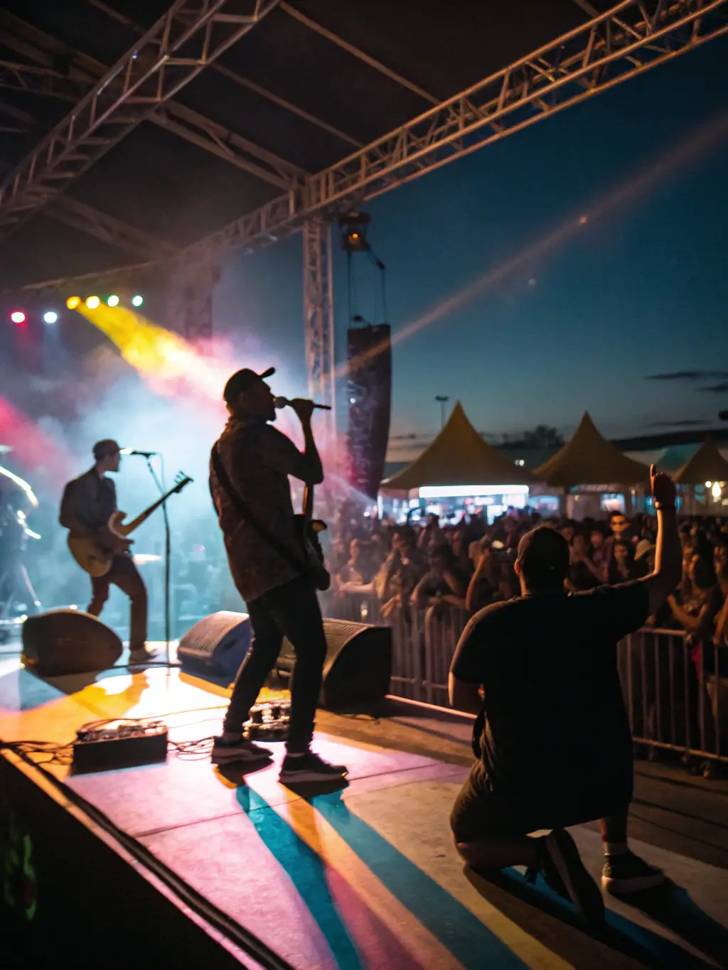 A professional photo capturing a live band performing on a stage with advanced lighting and scenography at a gala night.