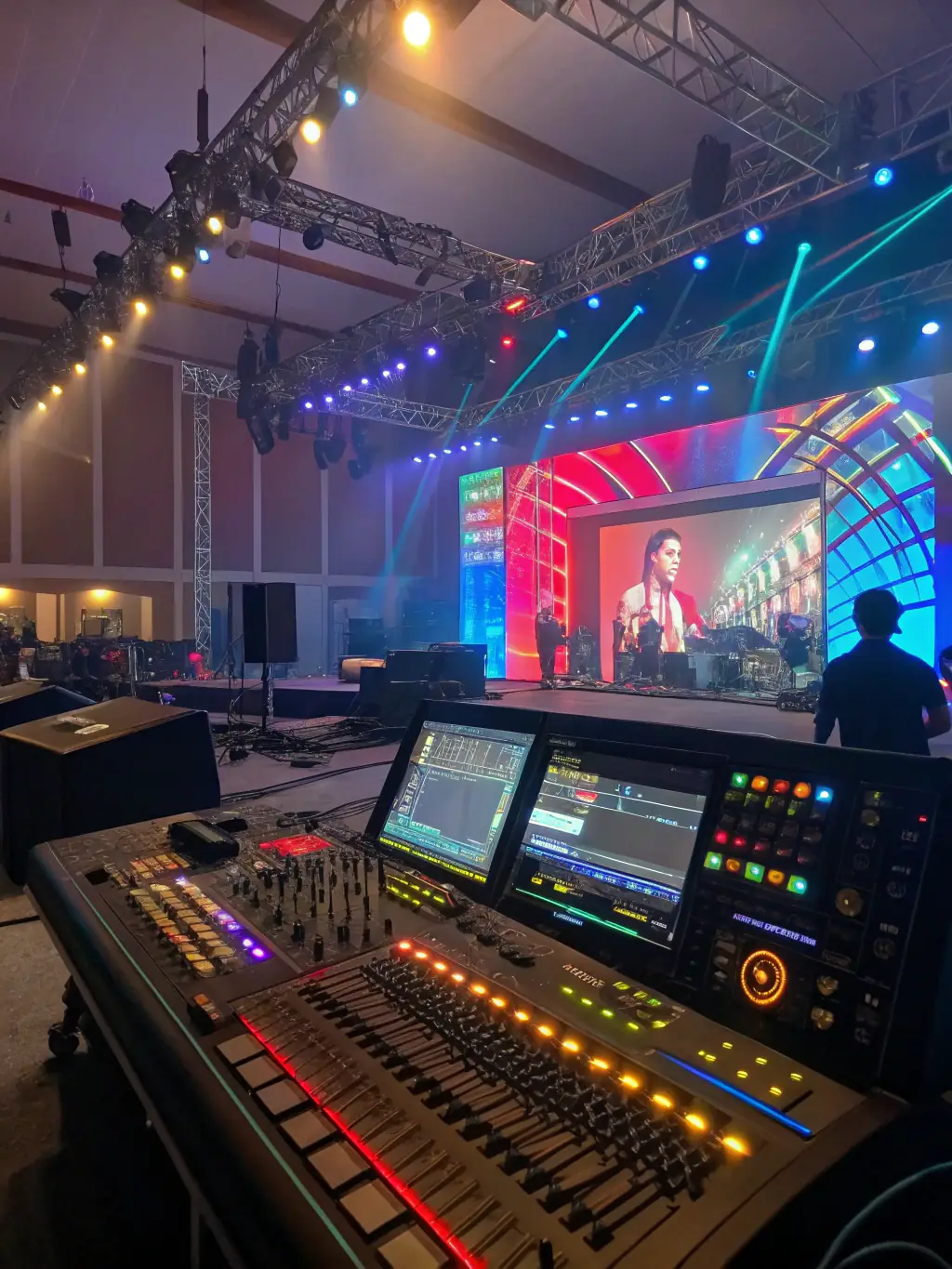 A dynamic shot of professional lighting and sound equipment enhancing an event's atmosphere.