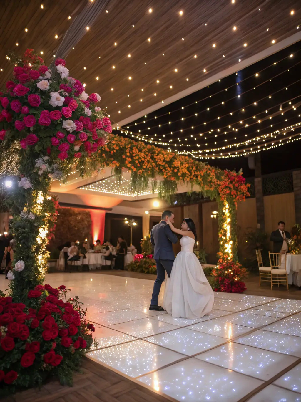 A vibrant photo of a wedding reception featuring elegant floral decorations and ambient lighting, creating a romantic and festive atmosphere.
