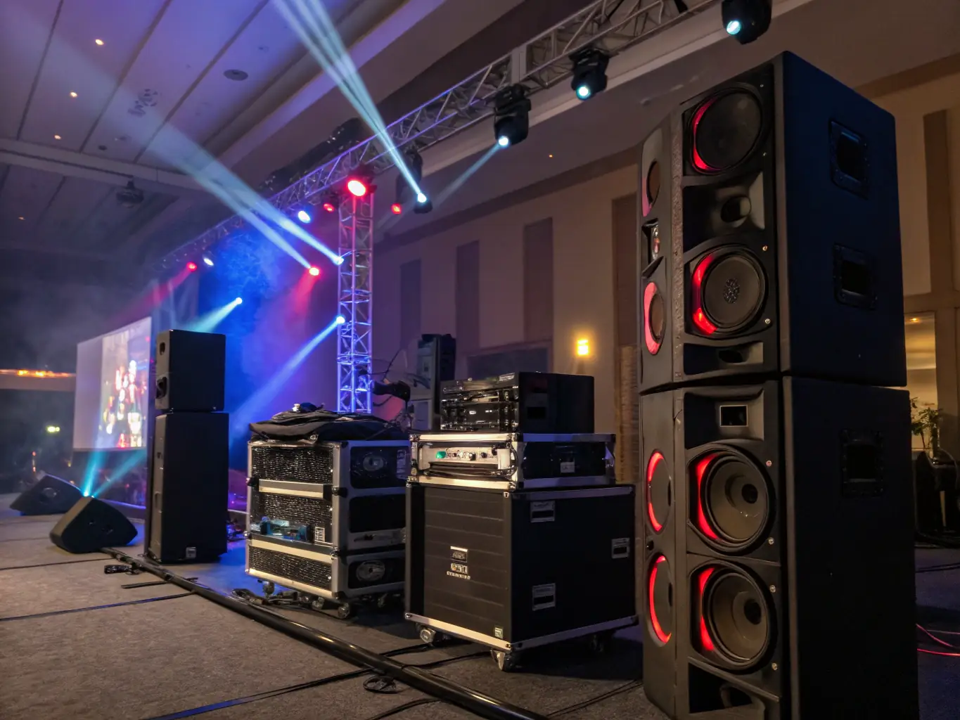 A vibrant photograph showcasing a variety of event equipment available for rent, including lighting fixtures, sound systems, and stage setups, displayed in a modern event space.